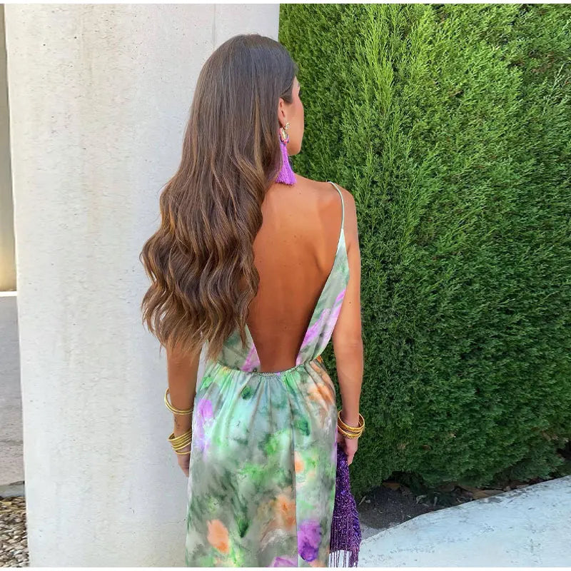 Anisten - Elegant Maxi Dress with Halo-Dye Print and Removable Scarf
